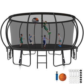 Kumix Trampoline 1500LBS 8 10 12 14 15 16FT Trampoline for Adults and Kids, Trampoline with Enclosure, Basketball Hoop, Wind Stakes, No Gap Design Galvanized Anti-Rust Outdoor Trampoline, Black