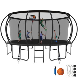 Kumix Trampoline, 12FT 14FT 15FT 16FT Trampoline with Enclosure, Basketball Hoop, Wind Stakes, 1500LBS Trampoline for 8-9 Kids/4-5 Adults, Outdoor Heavy Duty Galvanized Full Spray Pumpkin Trampoline