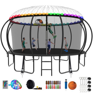 Kumix Trampoline, 12FT 14FT 15FT 16FT Trampoline with Enclosure, Basketball Hoop, Extra Gifts, 1500LBS Trampoline for 8-9 Kids/4-5 Adults, Outdoor Heavy Duty Galvanized Full Spray Pumpkin Trampoline