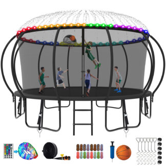 Kumix Trampoline 1500LBS 8 10 12 14 15 16FT Trampoline for Adults and Kids, Trampoline with Enclosure, Basketball Hoop, Wind Stakes and More Gifts, Galvanized Anti-Rust Outdoor Trampoline, Black