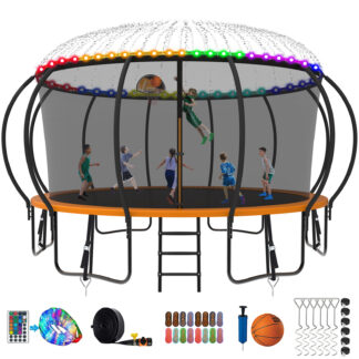 Kumix Trampoline 1500LBS 8 10 12 14 15 16FT Trampoline for Adults and Kids, Trampoline with Enclosure, Basketball Hoop, Wind Stakes and More Gifts, Galvanized Anti-Rust Outdoor Trampoline, Orange