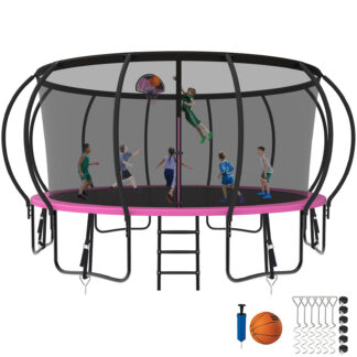 Kumix Trampoline 1500LBS 8 10 12 14 15 16FT Trampoline for Adults and Kids, Trampoline with Enclosure, Basketball Hoop, Wind Stakes, No Gap Design Galvanized Anti-Rust Outdoor Trampoline, Pink