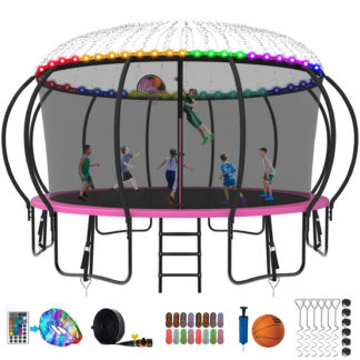 Kumix Trampoline 1500LBS 8 10 12 14 15 16FT Trampoline for Adults and Kids, Trampoline with Enclosure, Basketball Hoop, Wind Stakes and More Gifts, Galvanized Anti-Rust Outdoor Trampoline, Pink