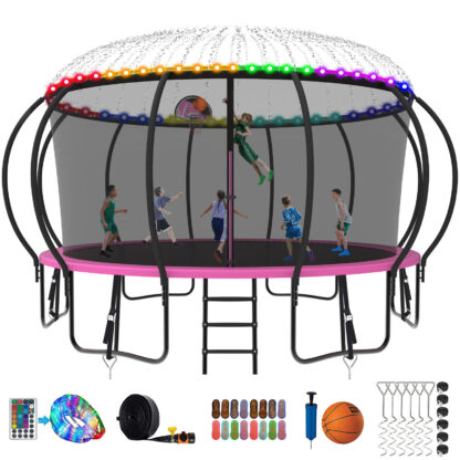 Kumix Trampoline 1500LBS 8 10 12 14 15 16FT Trampoline for Adults and Kids, Trampoline with Enclosure, Basketball Hoop, Wind Stakes and More Gifts, Galvanized Anti-Rust Outdoor Trampoline, Pink