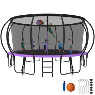 Kumix Trampoline 1500LBS 8 10 12 14 15 16FT Trampoline for Adults and Kids, Trampoline with Enclosure, Basketball Hoop, Wind Stakes, No Gap Design Galvanized Anti-Rust Outdoor Trampoline, Purple