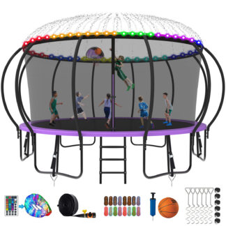 Kumix Trampoline 1500LBS 8 10 12 14 15 16FT Trampoline for Adults and Kids, Trampoline with Enclosure, Basketball Hoop, Wind Stakes and More Gifts, Galvanized Anti-Rust Outdoor Trampoline, Purple