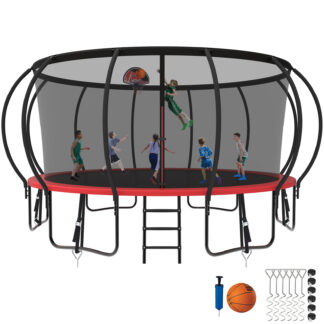 Kumix Trampoline 1500LBS 8 10 12 14 15 16FT Trampoline for Adults and Kids, Trampoline with Enclosure, Basketball Hoop, Wind Stakes, No Gap Design Galvanized Anti-Rust Outdoor Trampoline, Red