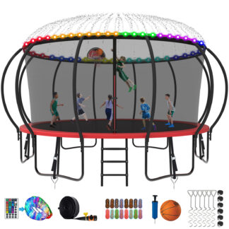 Kumix Trampoline 1500LBS 8 10 12 14 15 16FT Trampoline for Adults and Kids, Trampoline with Enclosure, Basketball Hoop, Wind Stakes and More Gifts, Galvanized Anti-Rust Outdoor Trampoline, Red