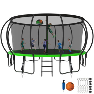 Kumix Trampoline 1500LBS 8 10 12 14 15 16FT Trampoline for Adults and Kids, Trampoline with Enclosure, Basketball Hoop, Wind Stakes, No Gap Design Galvanized Anti-Rust Outdoor Trampoline, Green