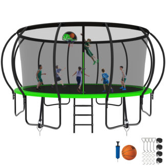 Kumix Trampoline, 12FT 14FT 15FT 16FT Trampoline with Enclosure, Basketball Hoop, Wind Stakes, 1500LBS Trampoline for 10 Kids/6 Adults, Outdoor Heavy Duty Galvanized Full Spray Pumpkin Trampoline