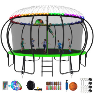 Kumix Trampoline, 12FT 14FT 15FT 16FT Trampoline with Enclosure, Basketball Hoop, Extra Gifts, 1500LBS Trampoline for 10 Kids/6 Adults, Outdoor Heavy Duty Galvanized Full Spray Pumpkin Trampoline