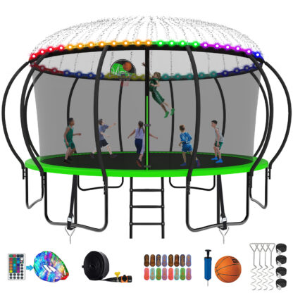 Kumix Trampoline, 12FT 14FT 15FT 16FT Trampoline with Enclosure, Basketball Hoop, Extra Gifts, 1500LBS Trampoline for 10 Kids/6 Adults, Outdoor Heavy Duty Galvanized Full Spray Pumpkin Trampoline