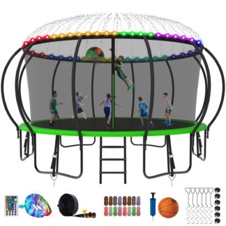 Kumix Trampoline 1500LBS 8 10 12 14 15 16FT Trampoline for Adults and Kids, Trampoline with Enclosure, Basketball Hoop, Wind Stakes and More Gifts, Galvanized Anti-Rust Outdoor Trampoline, Green