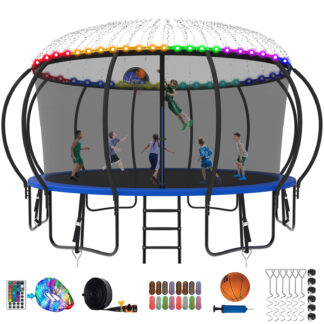 Kumix Trampoline 16FT, 1500LBS Trampoline for 5-6 Adults/ 8-10 Kids, Trampoline with Enclosure, Basketball Hoop, Light, Sprinkler, Socks, Outdoor Heavy Duty Galvanized Full Spray Pumpkin Trampoline