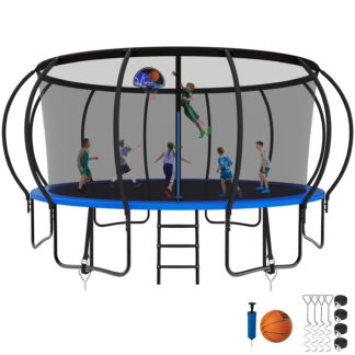 Kumix Trampoline, 12FT 14FT 15FT 16FT Trampoline with Enclosure, Basketball Hoop, Wind Stakes, 1500LBS Trampoline for 10 Kids/6 Adults, Outdoor Heavy Duty Galvanized Full Spray Pumpkin Trampoline