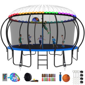 Kumix Trampoline, 12FT 14FT 15FT 16FT Trampoline with Enclosure, Basketball Hoop, Extra Gifts, 1500LBS Trampoline for 10 Kids/6 Adults, Outdoor Heavy Duty Galvanized Full Spray Pumpkin Trampoline