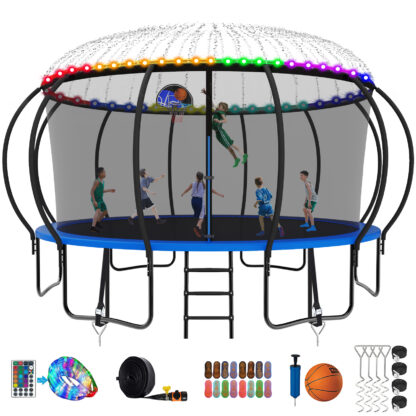 Kumix Trampoline, 12FT 14FT 15FT 16FT Trampoline with Enclosure, Basketball Hoop, Extra Gifts, 1500LBS Trampoline for 10 Kids/6 Adults, Outdoor Heavy Duty Galvanized Full Spray Pumpkin Trampoline