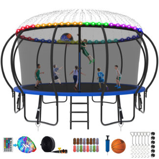 Kumix Trampoline 1500LBS 8 10 12 14 15 16FT Trampoline for Adults and Kids, Trampoline with Enclosure, Basketball Hoop, Wind Stakes and More Gifts, Galvanized Anti-Rust Outdoor Trampoline, Blue