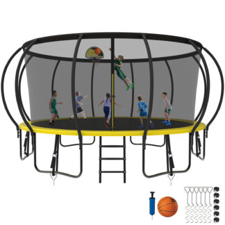 Kumix Trampoline 1500LBS 8 10 12 14 15 16FT Trampoline for Adults and Kids, Trampoline with Enclosure, Basketball Hoop, Wind Stakes, No Gap Design Galvanized Anti-Rust Outdoor Trampoline, Yellow