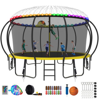 Kumix Trampoline 1500LBS 8 10 12 14 15 16FT Trampoline for Adults and Kids, Trampoline with Enclosure, Basketball Hoop, Wind Stakes and More Gifts, Galvanized Anti-Rust Outdoor Trampoline, Yellow