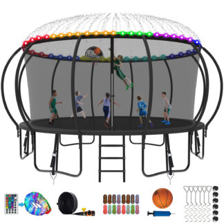 Kumix Trampoline 16FT, 1500LBS Trampoline for 5-6 Adults/ 8-10 Kids, Trampoline with Enclosure, Basketball Hoop, Light, Sprinkler, Socks, Outdoor Heavy Duty Galvanized Full Spray Pumpkin Trampoline