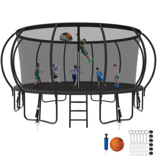 Kumix Trampoline 1500LBS 8 10 12 14 15 16FT Trampoline for Adults and Kids, Trampoline with Enclosure, Basketball Hoop, Wind Stakes, No Gap Design Galvanized Anti-Rust Outdoor Trampoline, Black