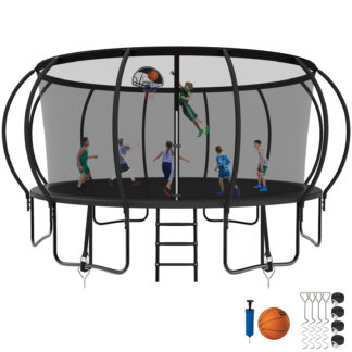 Kumix Trampoline, 12FT 14FT 15FT 16FT Trampoline with Enclosure, Basketball Hoop, Wind Stakes, 1500LBS Trampoline for 10 Kids/6 Adults, Outdoor Heavy Duty Galvanized Full Spray Pumpkin Trampoline