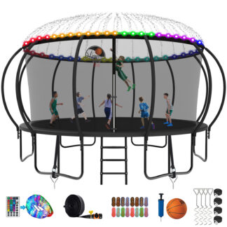 Kumix Trampoline, 12FT 14FT 15FT 16FT Trampoline with Enclosure, Basketball Hoop, Extra Gifts, 1500LBS Trampoline for 10 Kids/6 Adults, Outdoor Heavy Duty Galvanized Full Spray Pumpkin Trampoline