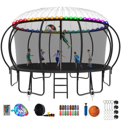 Kumix Trampoline, 12FT 14FT 15FT 16FT Trampoline with Enclosure, Basketball Hoop, Extra Gifts, 1500LBS Trampoline for 10 Kids/6 Adults, Outdoor Heavy Duty Galvanized Full Spray Pumpkin Trampoline