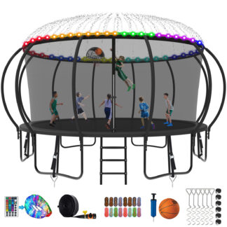 Kumix Trampoline 1500LBS 8 10 12 14 15 16FT Trampoline for Adults and Kids, Trampoline with Enclosure, Basketball Hoop, Wind Stakes and More Gifts, Galvanized Anti-Rust Outdoor Trampoline, Black
