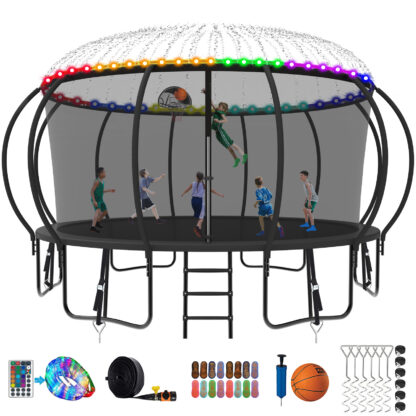 Kumix Trampoline 1500LBS 8 10 12 14 15 16FT Trampoline for Adults and Kids, Trampoline with Enclosure, Basketball Hoop, Wind Stakes and More Gifts, Galvanized Anti-Rust Outdoor Trampoline, Black