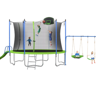 Kumix 12FT 14FT Trampoline with Swing and Slide, Trampoline for Adults Kids with Enclosure Net, Basketball Hoop, 1200LBS Capacity for 7-8 Kids Outdoor Recreational Trampolines for Backyard