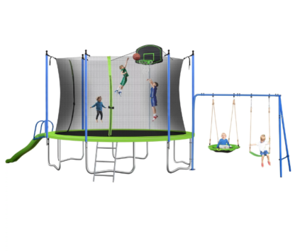 Kumix 12FT 14FT Trampoline with Swing and Slide, Trampoline for Adults Kids with Enclosure Net, Basketball Hoop, 1200LBS Capacity for 7-8 Kids Outdoor Recreational Trampolines for Backyard