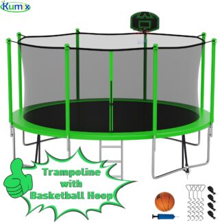 Kumix Trampoline 1200LBS 16 15 14 12 FT Trampoline for 4-5 Kids and Adults, Windproof Outdoor Trampoline with Enclosure Net, Basketball Hoop, Easy to Install & Last Long