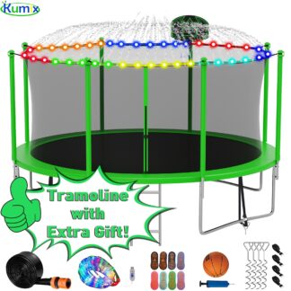 Kumix Trampoline 1200LBS 16 15 14 12 FT Trampoline for 4-5 Kids and Adults, Windproof Outdoor trampoline with Enclosure Net, Basketball Hoop, Lights, Easy to Install & Last Long