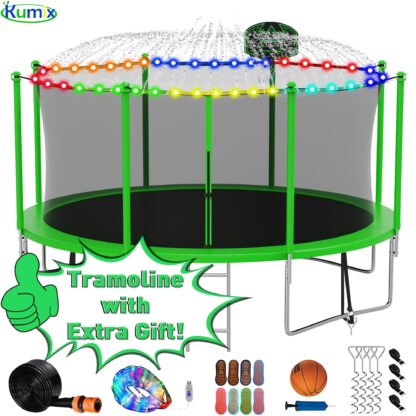 Kumix Trampoline 1200LBS 16 15 14 12 FT Trampoline for 4-5 Kids and Adults, Windproof Outdoor trampoline with Enclosure Net, Basketball Hoop, Lights, Easy to Install & Last Long