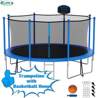 Kumix Trampoline 1200LBS 16 15 14 12 FT Trampoline for 4-5 Kids and Adults, Windproof Outdoor Trampoline with Enclosure Net, Basketball Hoop, Easy to Install & Last Long