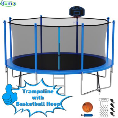 Kumix Trampoline 1200LBS 16 15 14 12 FT Trampoline for 4-5 Kids and Adults, Windproof Outdoor Trampoline with Enclosure Net, Basketball Hoop, Easy to Install & Last Long