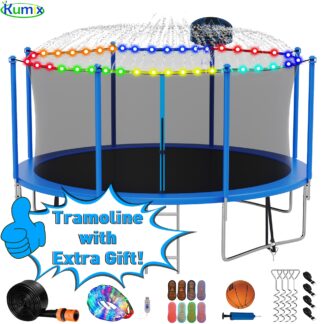 Kumix Trampoline 1200LBS 16 15 14 12 FT Trampoline for 4-5 Kids and Adults, Windproof Outdoor trampoline with Enclosure Net, Basketball Hoop, Lights, Easy to Install & Last Long