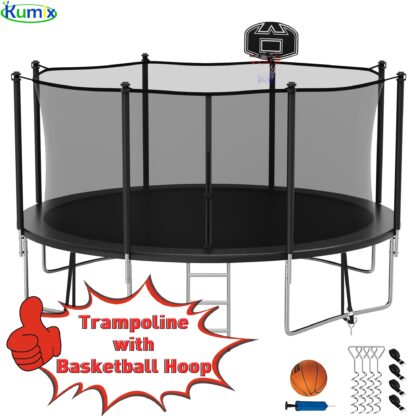 Kumix Trampoline 1200LBS 16 15 14 12 FT Trampoline for 4-5 Kids and Adults, Windproof Outdoor Trampoline with Enclosure Net, Basketball Hoop, Easy to Install & Last Long