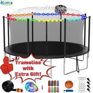 Kumix Trampoline 1200LBS 16 15 14 12 FT Trampoline for 4-5 Kids and Adults, Windproof Outdoor trampoline with Enclosure Net, Basketball Hoop, Lights, Easy to Install & Last Long