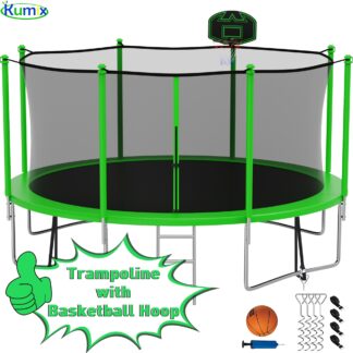 Kumix Trampoline 1400LBS 16 15 14 12 FT Trampoline for 6-7 Kids and Adults, Windproof Outdoor Trampoline with Enclosure Net, Basketball Hoop, Easy to Install & Last Long