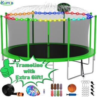Kumix Trampoline 1400LBS 16 15 14 12 FT Trampoline for 6-7 Kids and Adults, Windproof Outdoor trampoline with Enclosure Net, Basketball Hoop, Lights, Easy to Install & Last Long