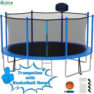 Kumix Trampoline 1400LBS 16 15 14 12 FT Trampoline for 6-7 Kids and Adults, Windproof Outdoor Trampoline with Enclosure Net, Basketball Hoop, Easy to Install & Last Long