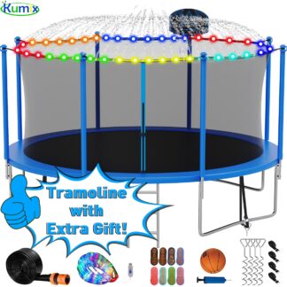 Kumix Trampoline 1400LBS 16 15 14 12 FT Trampoline for 6-7 Kids and Adults, Windproof Outdoor trampoline with Enclosure Net, Basketball Hoop, Lights, Easy to Install & Last Long