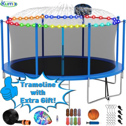 Kumix Trampoline 1400LBS 16 15 14 12 FT Trampoline for 6-7 Kids and Adults, Windproof Outdoor trampoline with Enclosure Net, Basketball Hoop, Lights, Easy to Install & Last Long