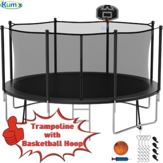 Kumix Trampoline 1400LBS 16 15 14 12 FT Trampoline for 6-7 Kids and Adults, Windproof Outdoor Trampoline with Enclosure Net, Basketball Hoop, Easy to Install & Last Long