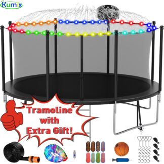 Kumix Trampoline 1400LBS 16 15 14 12 FT Trampoline for 6-7 Kids and Adults, Windproof Outdoor trampoline with Enclosure Net, Basketball Hoop, Lights, Easy to Install & Last Long