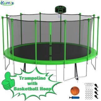 Kumix Trampoline 1500LBS 16 15 14 12 FT Trampoline for 7-8 Kids and Adults, Windproof Outdoor Trampoline with Enclosure Net, Basketball Hoop, Easy to Install & Last Long