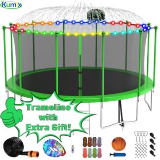 Kumix Trampoline 1500LBS 16 15 14 12 FT Trampoline for 7-8 Kids and Adults, Windproof Outdoor trampoline with Enclosure Net, Basketball Hoop, Lights, Easy to Install & Last Long
